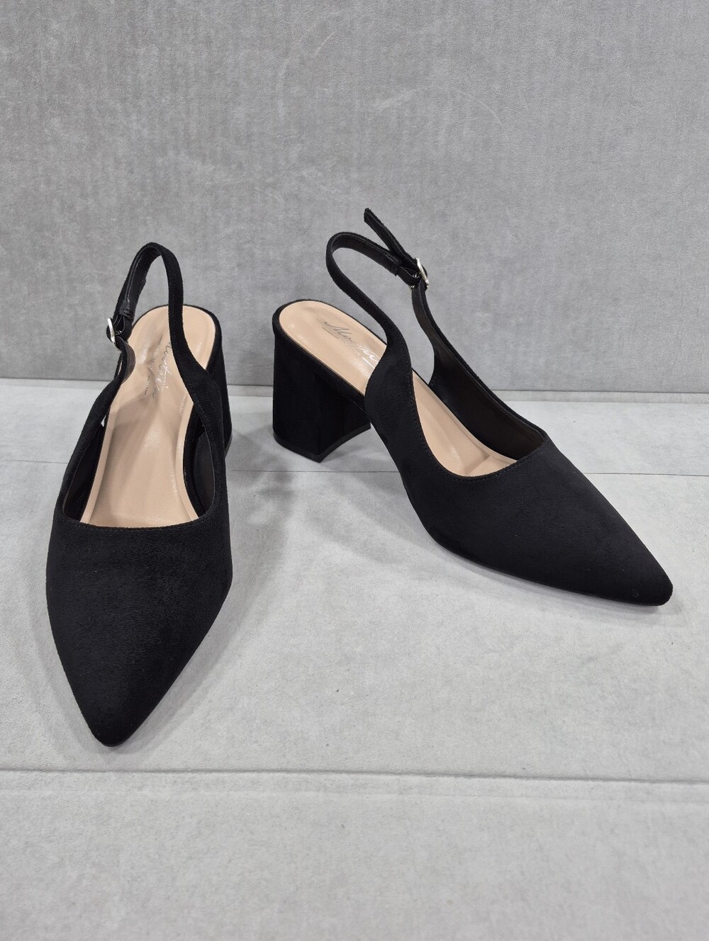 Mostrin sling back pumps women's 38.5 US 8 black suede point toe block heels